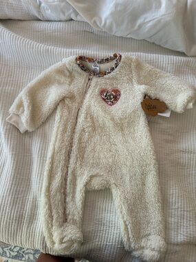 Baby Essentials Cream Sherpa Footed One-Piece with Floral Heart